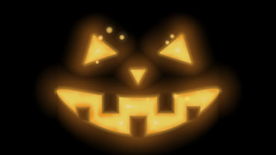 Frame from a Halloween effect: a jack-o’-lantern face glowing on black.
