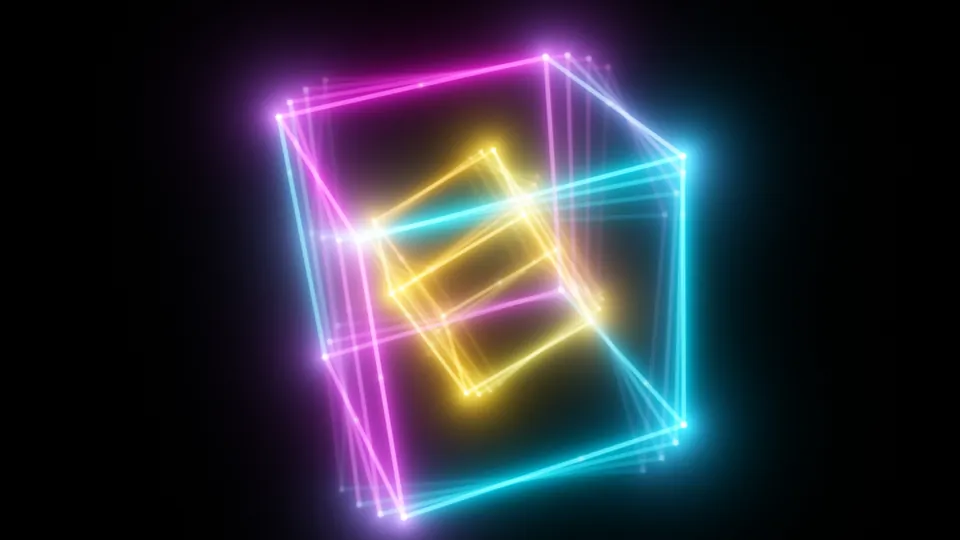 Frame from a neon effect: a wireframe cube in pink, cyan and yellow on black.