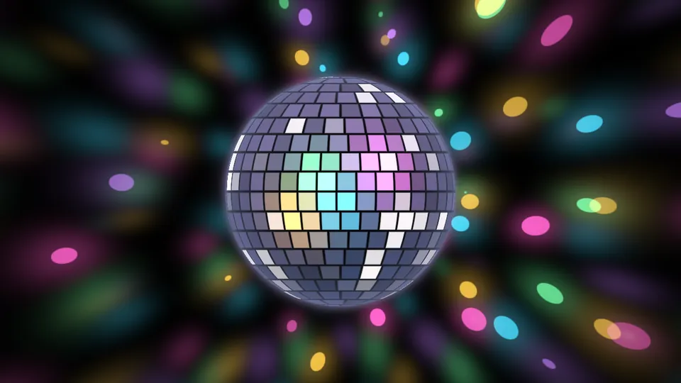 Frame from a party effect: a mirror ball with colored light spots around it.
