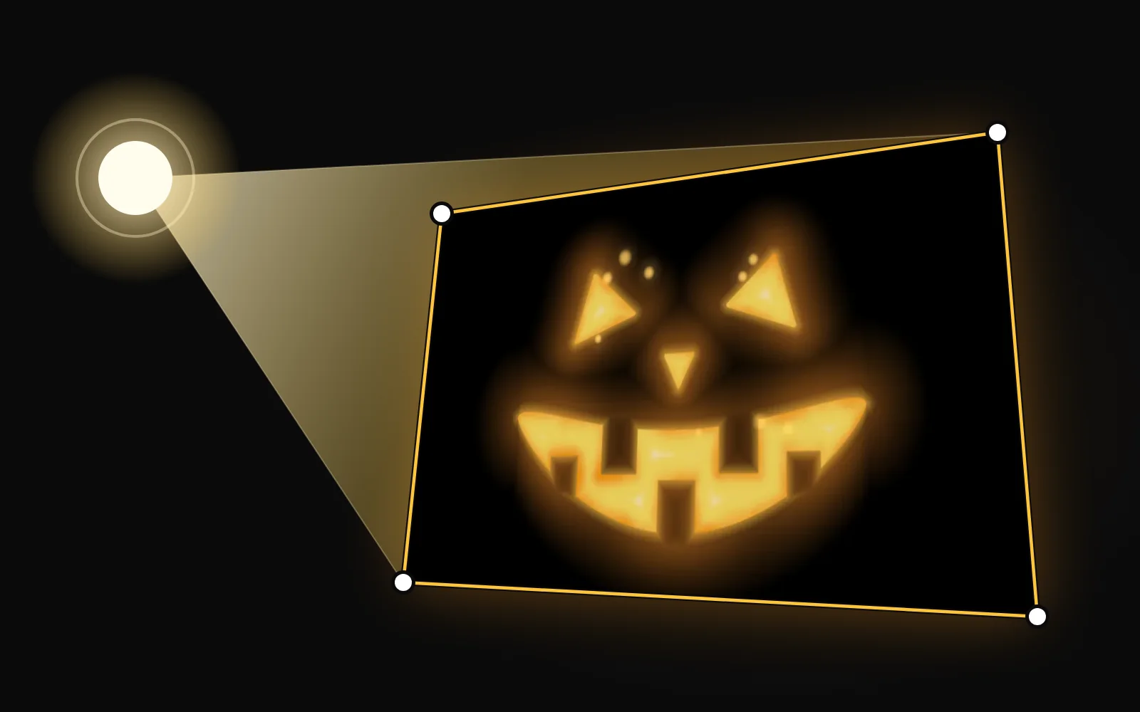 A projector lens at the top left sends a cone of light onto a four-cornered shape. Inside the shape, a glowing jack-o’-lantern face. White handles mark the four corners.